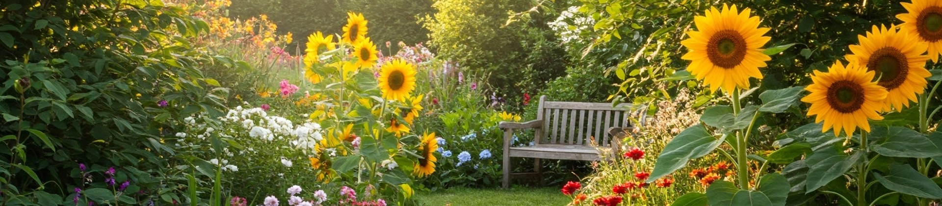 Ein Garten mit vielen Blumen und Bäumen. In der Mitte steht eine Holzbank