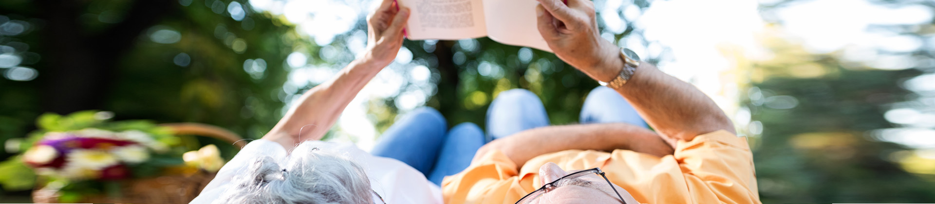 Älteres Paar liegt rücklinks auf einer Wiese und schaut gemeinsam in ein Buch