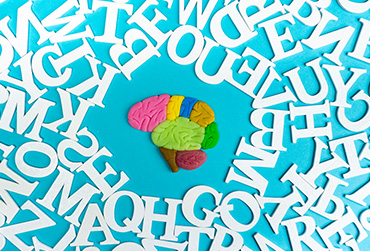 Viele weiße Buchstaben liegen auf einer blauen Fläche verstreut. In der Mitte ist die Abbildung eines Gehirns. Die einzelnen Hirnregionen sind bunt dargestellt.