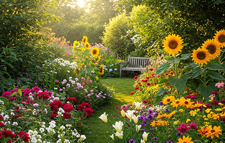 Newsletter September 2025 Ein Park mit verschiedenen Blumen, Sträuchern und Bäumen. In der Mitte steht eine Holzbank