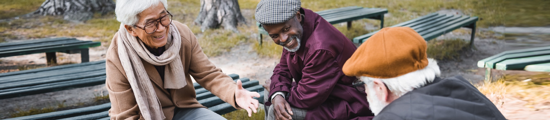 Drei ältere Herren spielen Schach im Park und unterhalten sich fröhlich